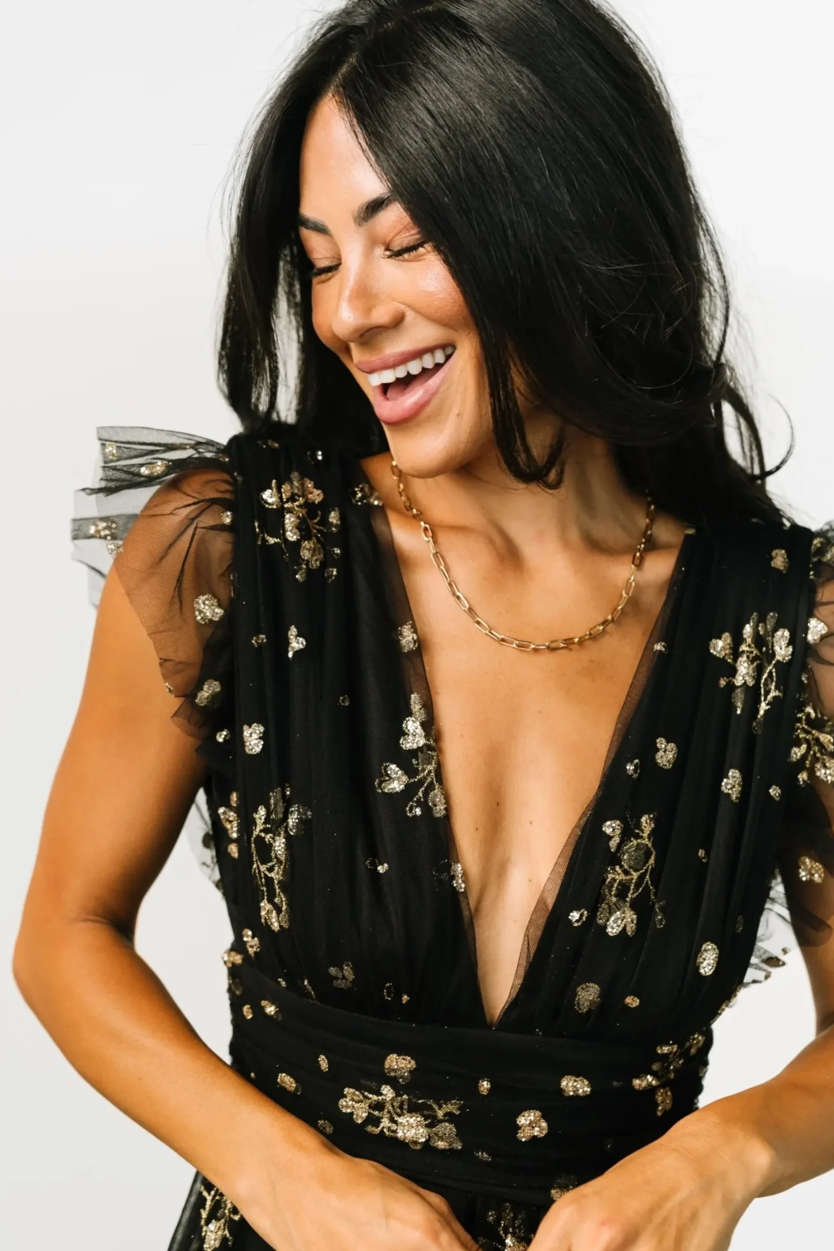 Baltic Born tulle styles|Natalia Floral Embellished Maxi Dress | Black + Gold