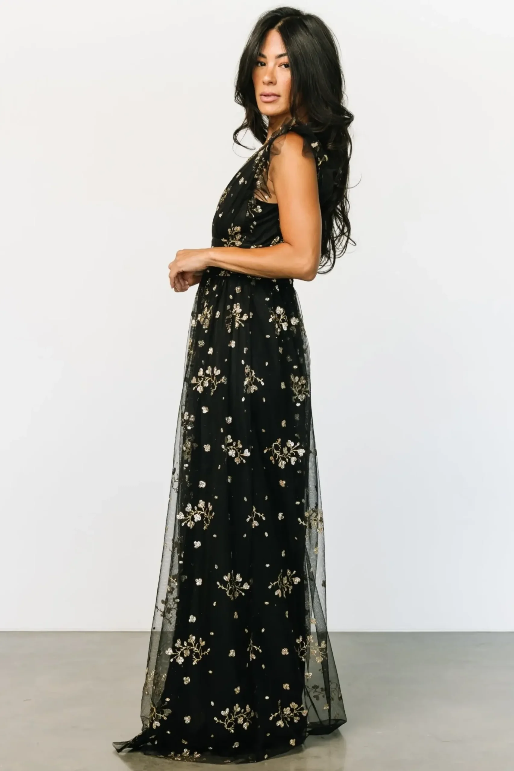 Baltic Born tulle styles|Natalia Floral Embellished Maxi Dress | Black + Gold