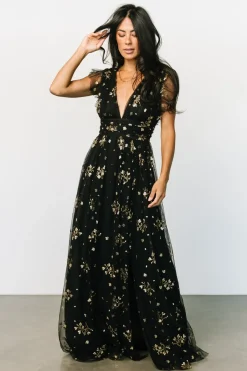 Baltic Born tulle styles|Natalia Floral Embellished Maxi Dress | Black + Gold
