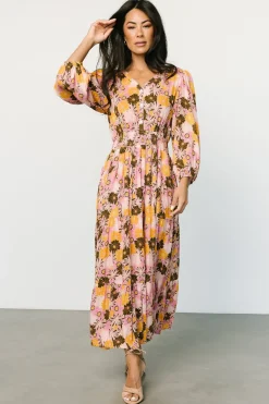 Baltic Born SALE|Noa Tiered Midi Dress | Pink + Mustard