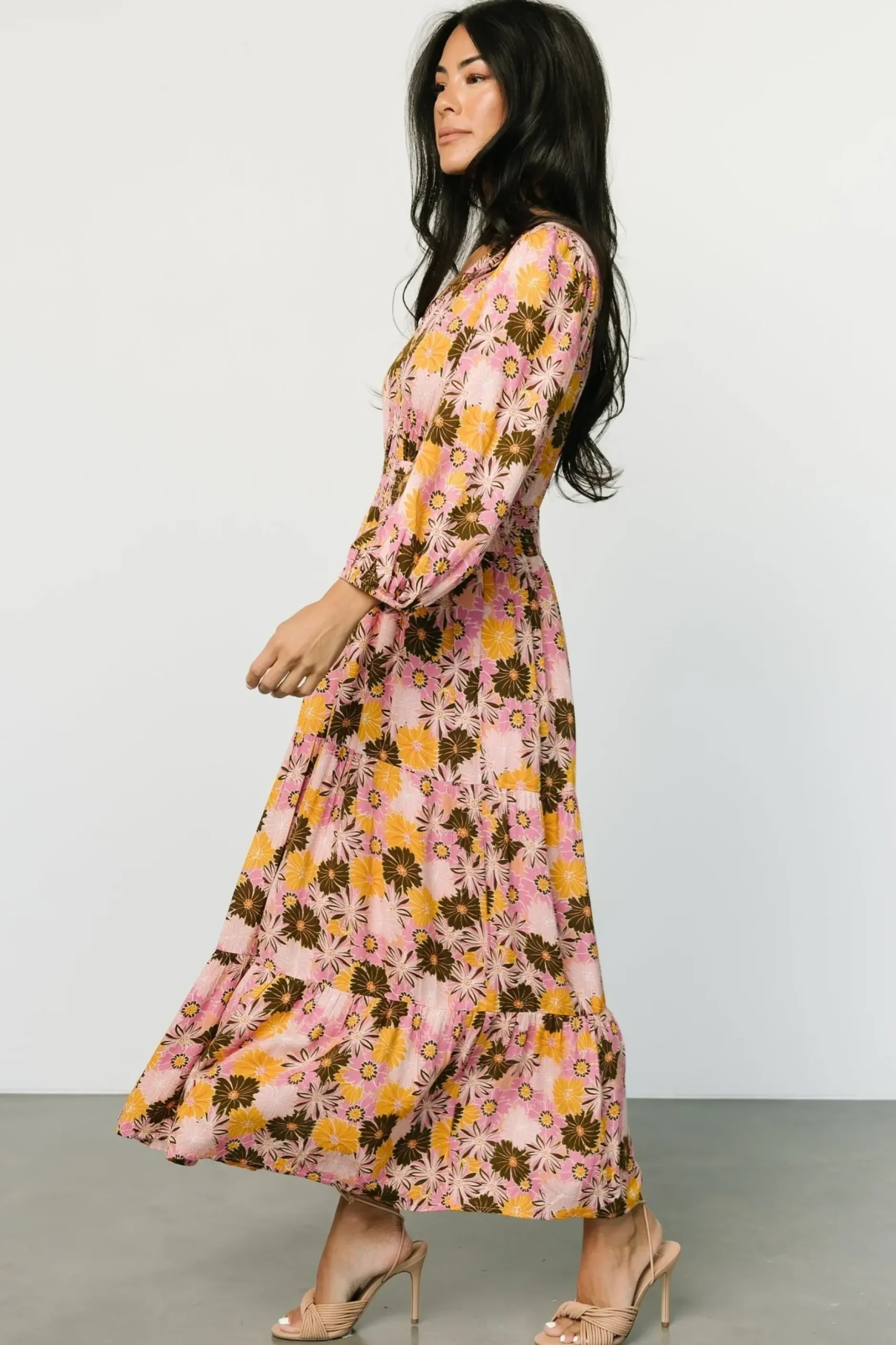 Baltic Born SALE|Noa Tiered Midi Dress | Pink + Mustard