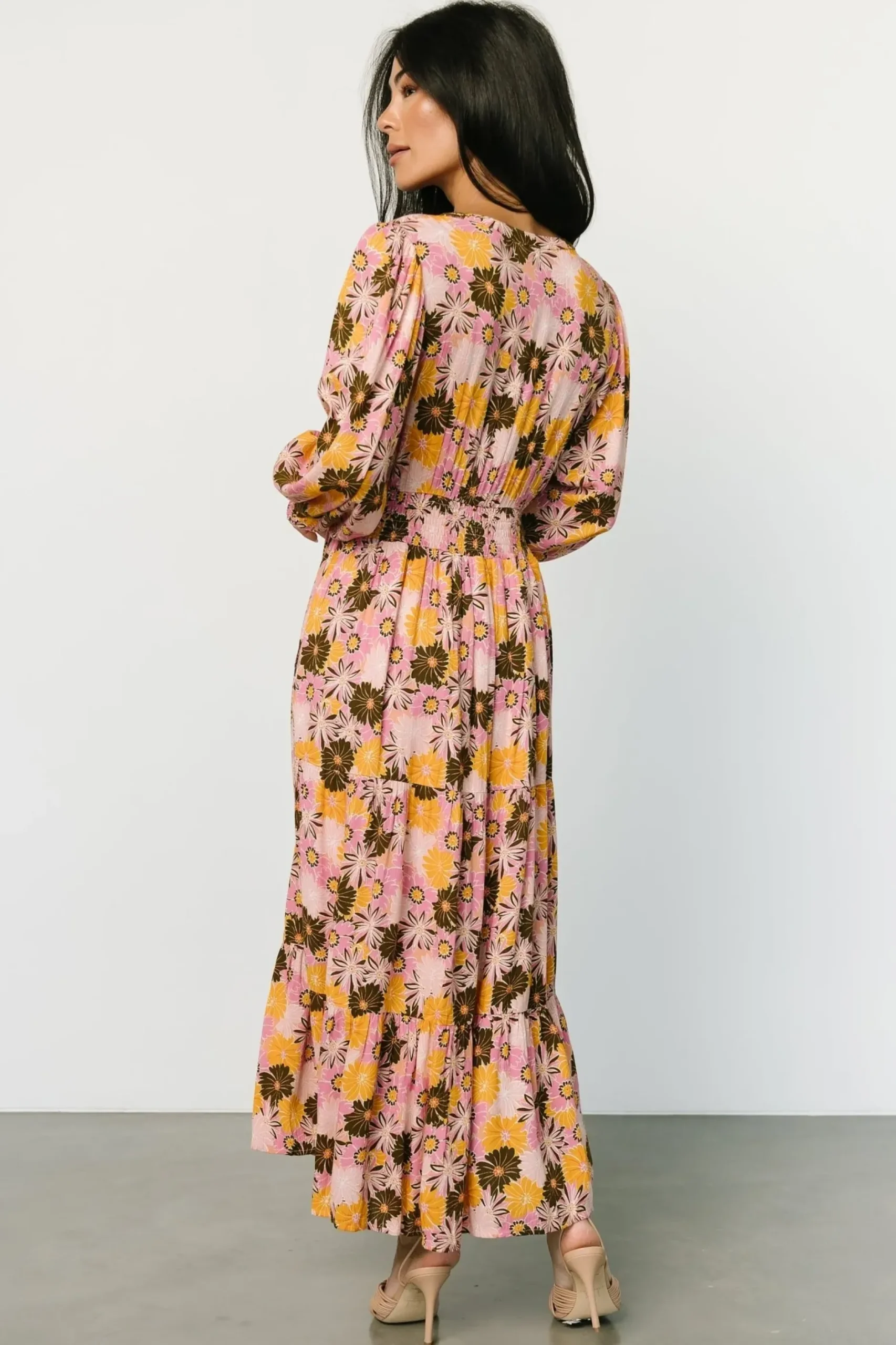 Baltic Born SALE|Noa Tiered Midi Dress | Pink + Mustard