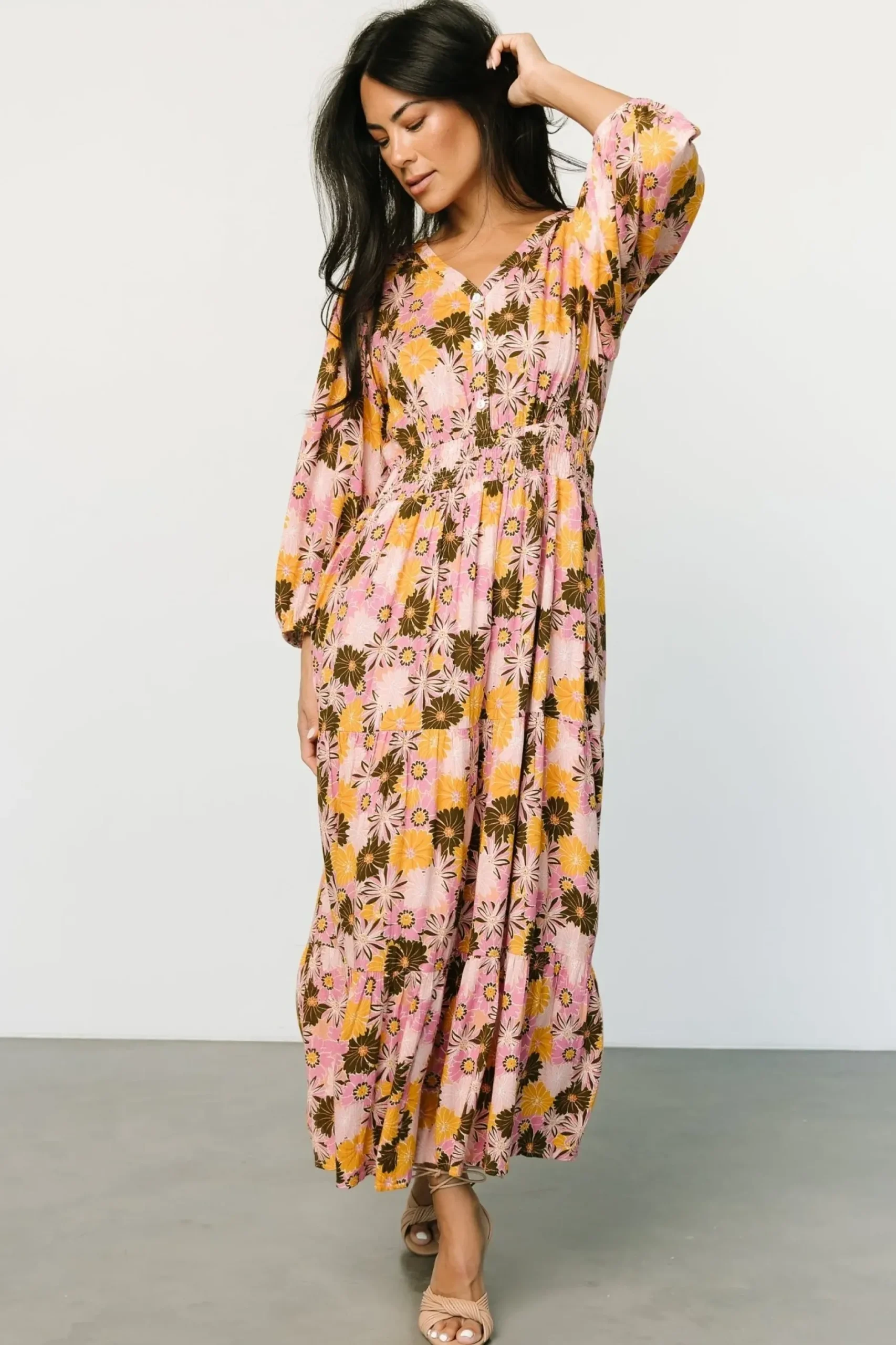 Baltic Born SALE|Noa Tiered Midi Dress | Pink + Mustard