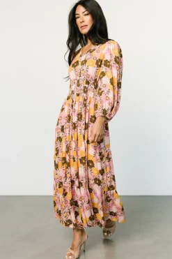 Baltic Born SALE|Noa Tiered Midi Dress | Pink + Mustard
