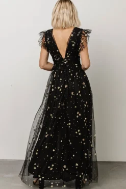 Baltic Born tulle styles|Nova Shimmer Maxi Dress | Black + Gold