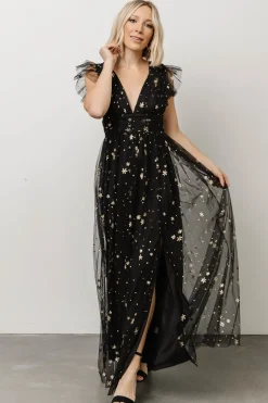 Baltic Born tulle styles|Nova Shimmer Maxi Dress | Black + Gold