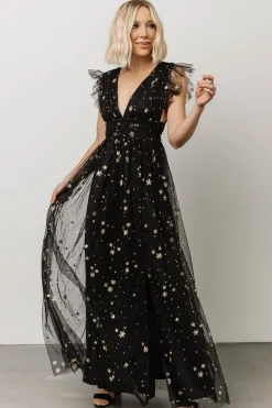 Baltic Born tulle styles|Nova Shimmer Maxi Dress | Black + Gold