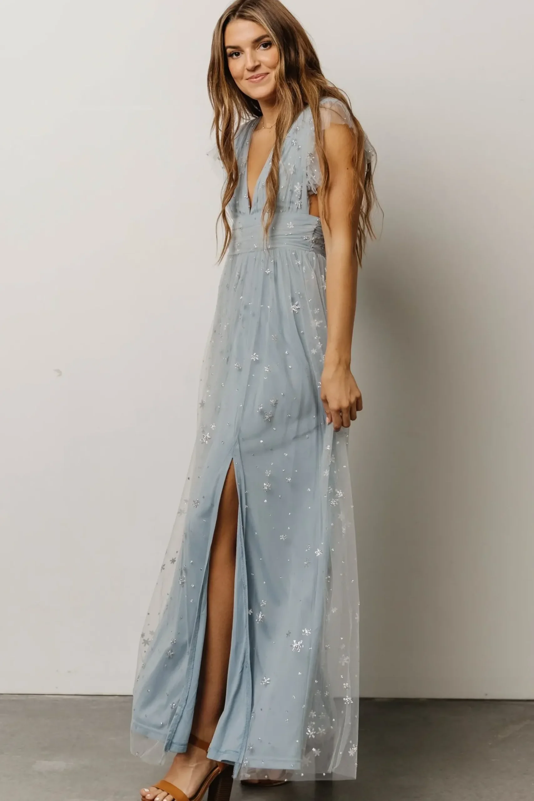 Baltic Born tulle styles|Nova Shimmer Maxi Dress | Dusty Blue + Silver