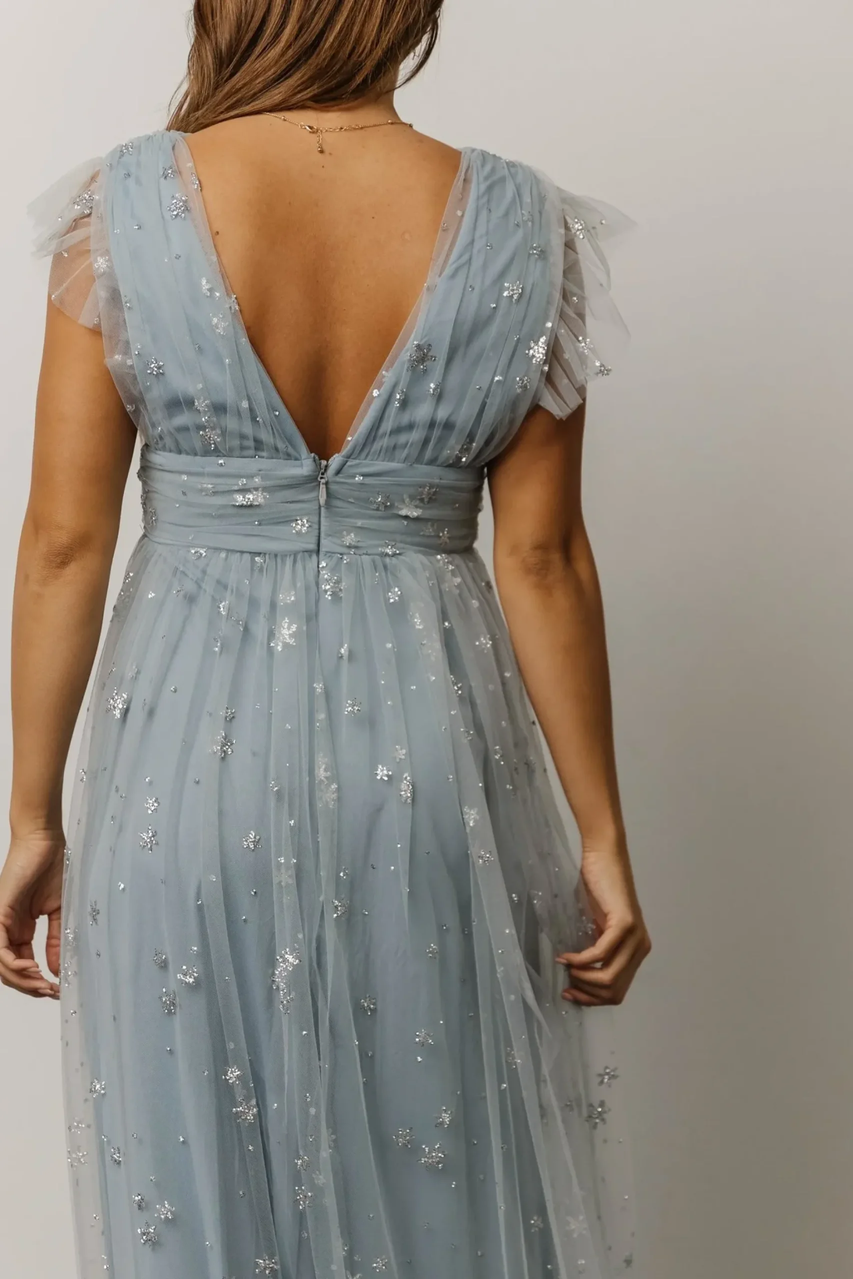 Baltic Born tulle styles|Nova Shimmer Maxi Dress | Dusty Blue + Silver