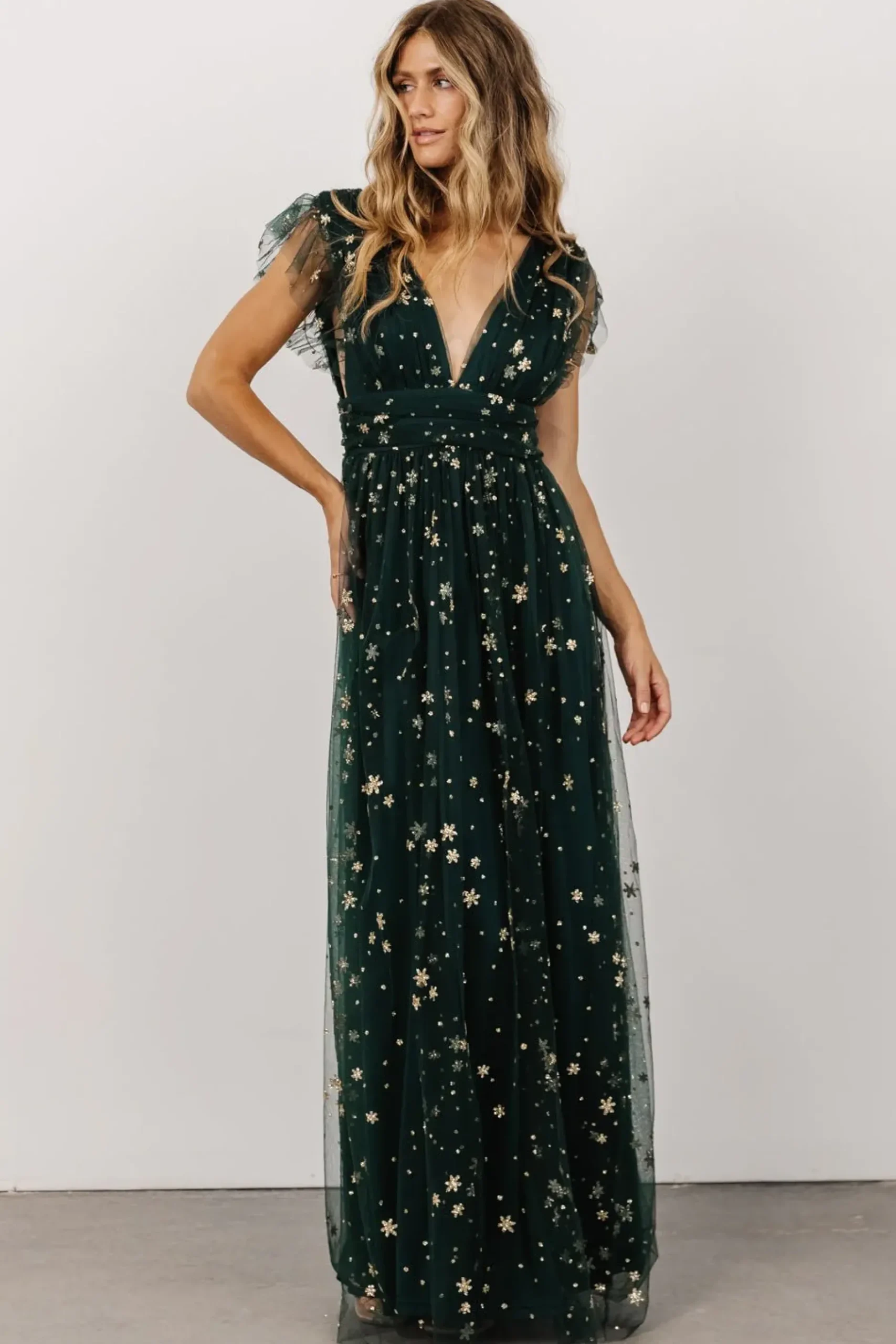Baltic Born tulle styles|Nova Shimmer Maxi Dress | Green + Gold