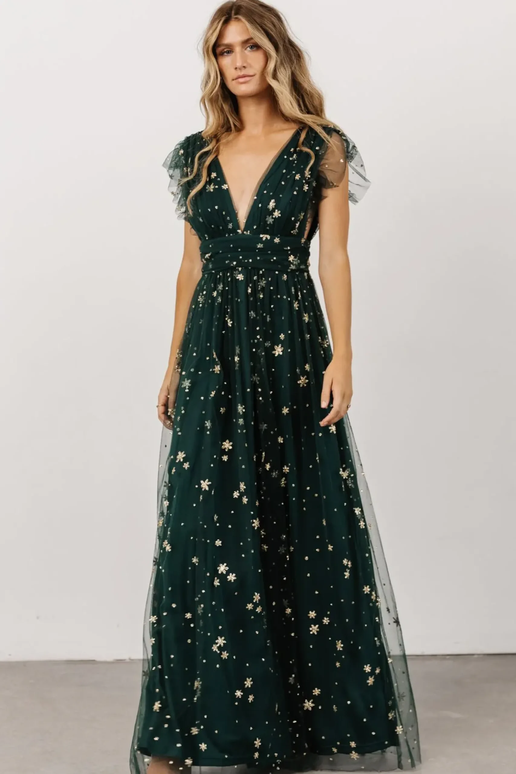 Baltic Born tulle styles|Nova Shimmer Maxi Dress | Green + Gold