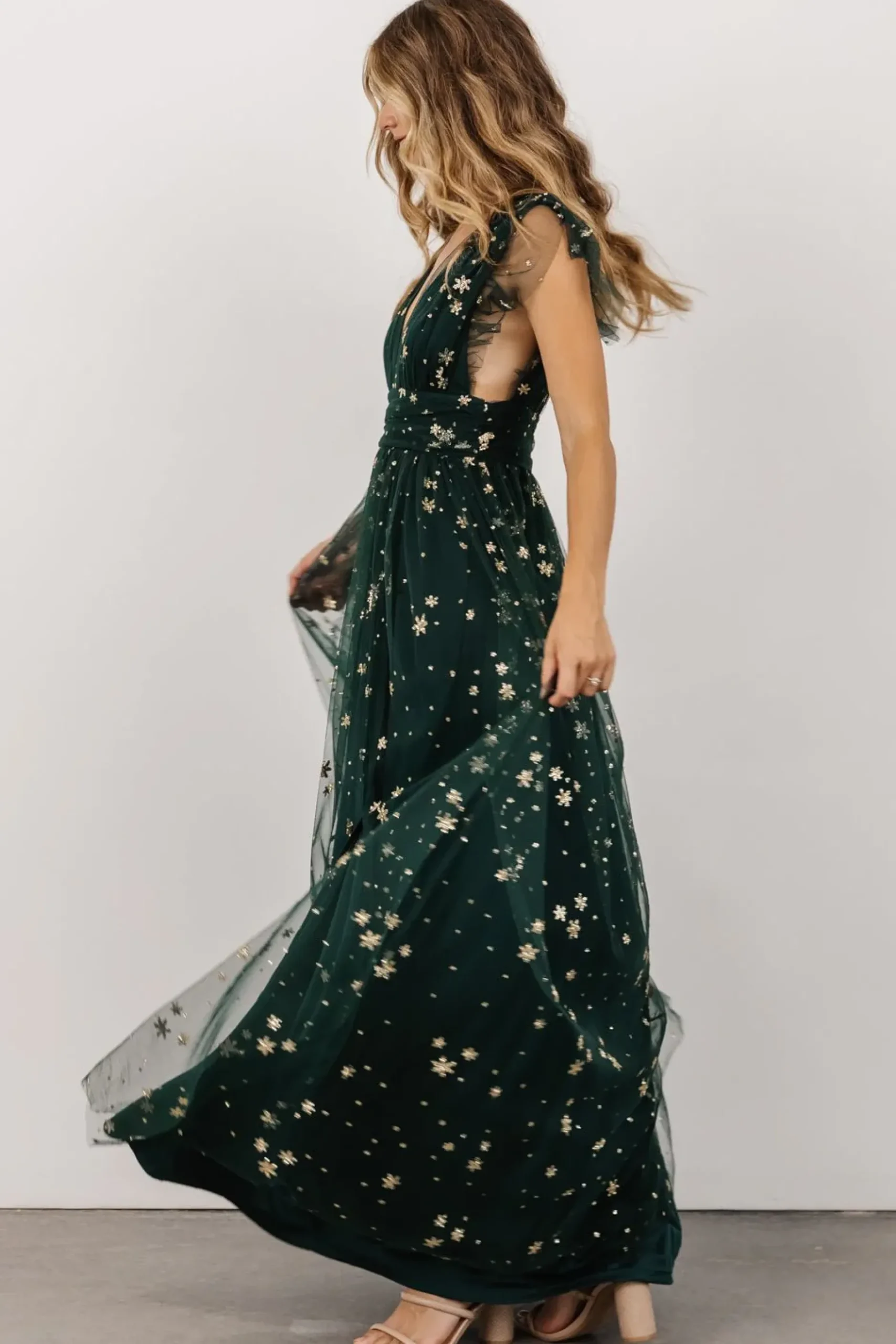 Baltic Born tulle styles|Nova Shimmer Maxi Dress | Green + Gold