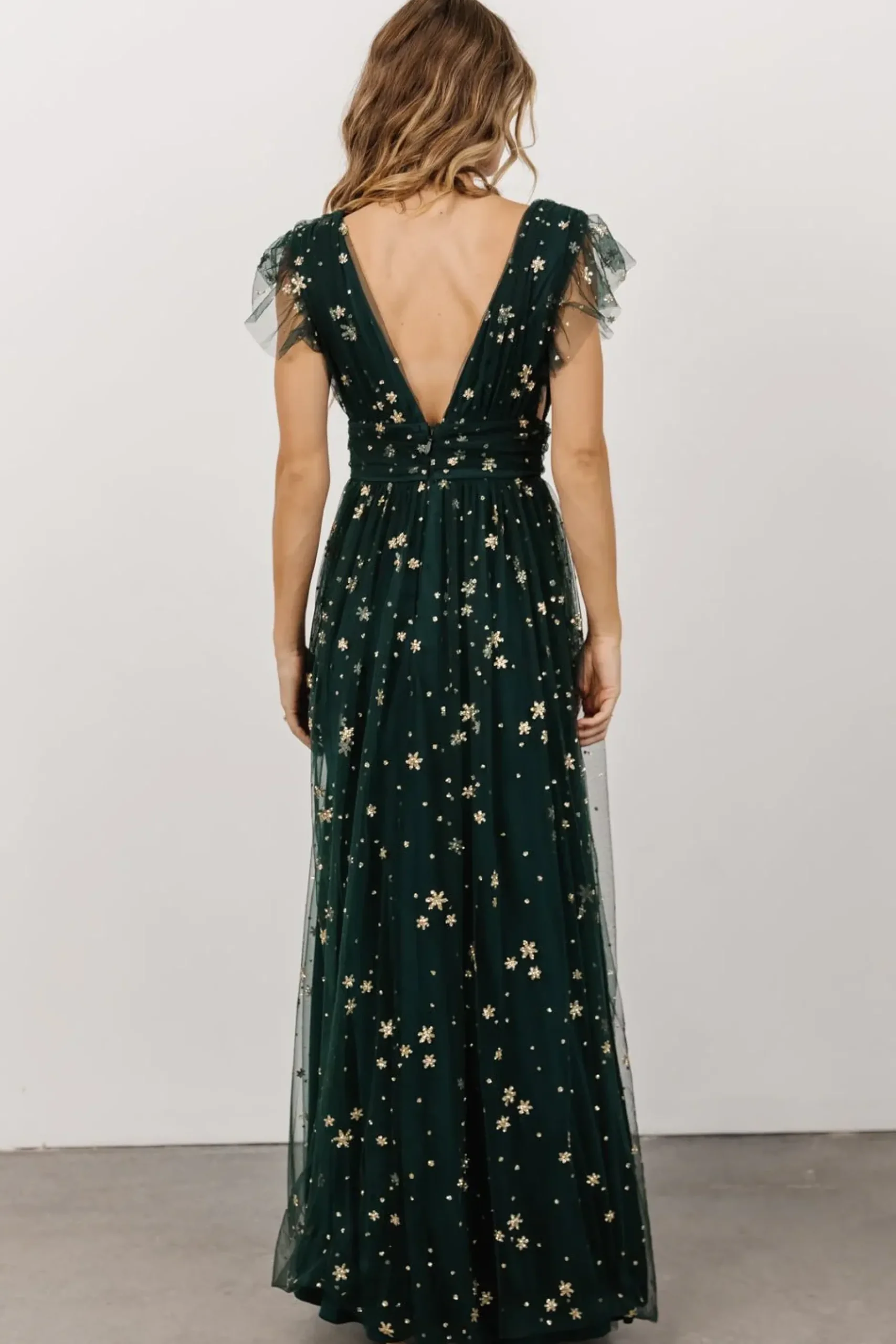 Baltic Born tulle styles|Nova Shimmer Maxi Dress | Green + Gold