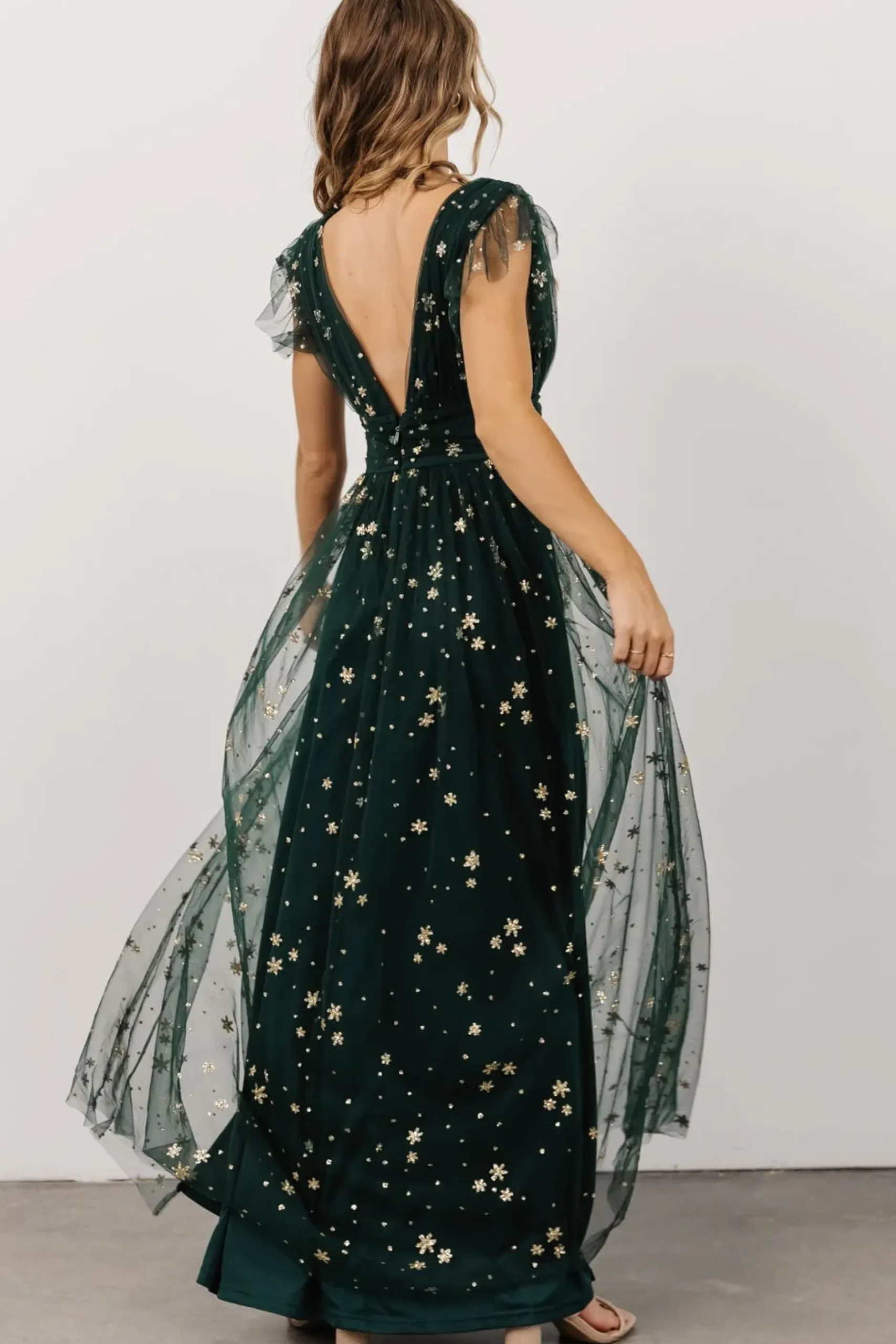 Baltic Born tulle styles|Nova Shimmer Maxi Dress | Green + Gold