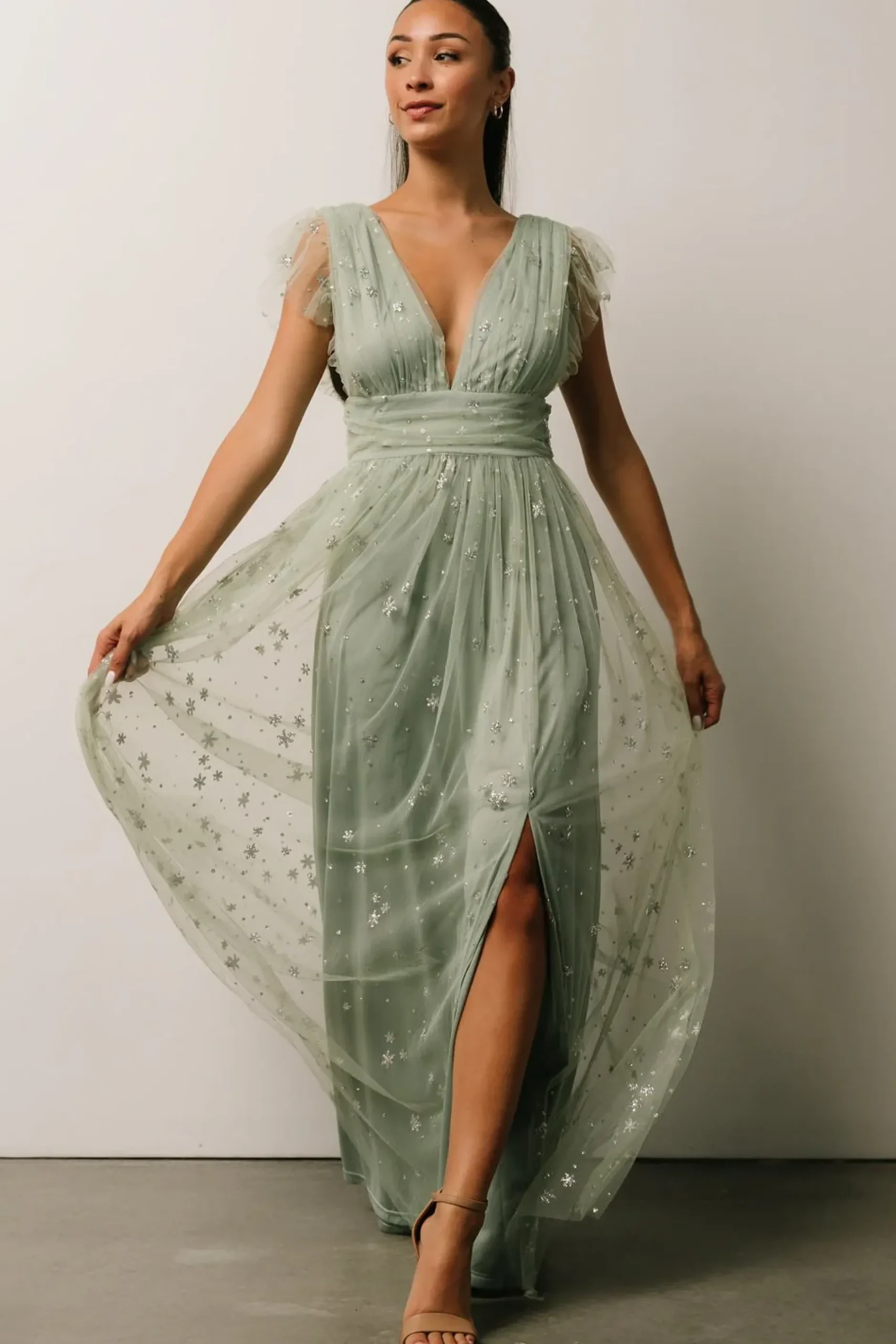 Baltic Born tulle styles|Nova Shimmer Maxi Dress | Sage + Silver