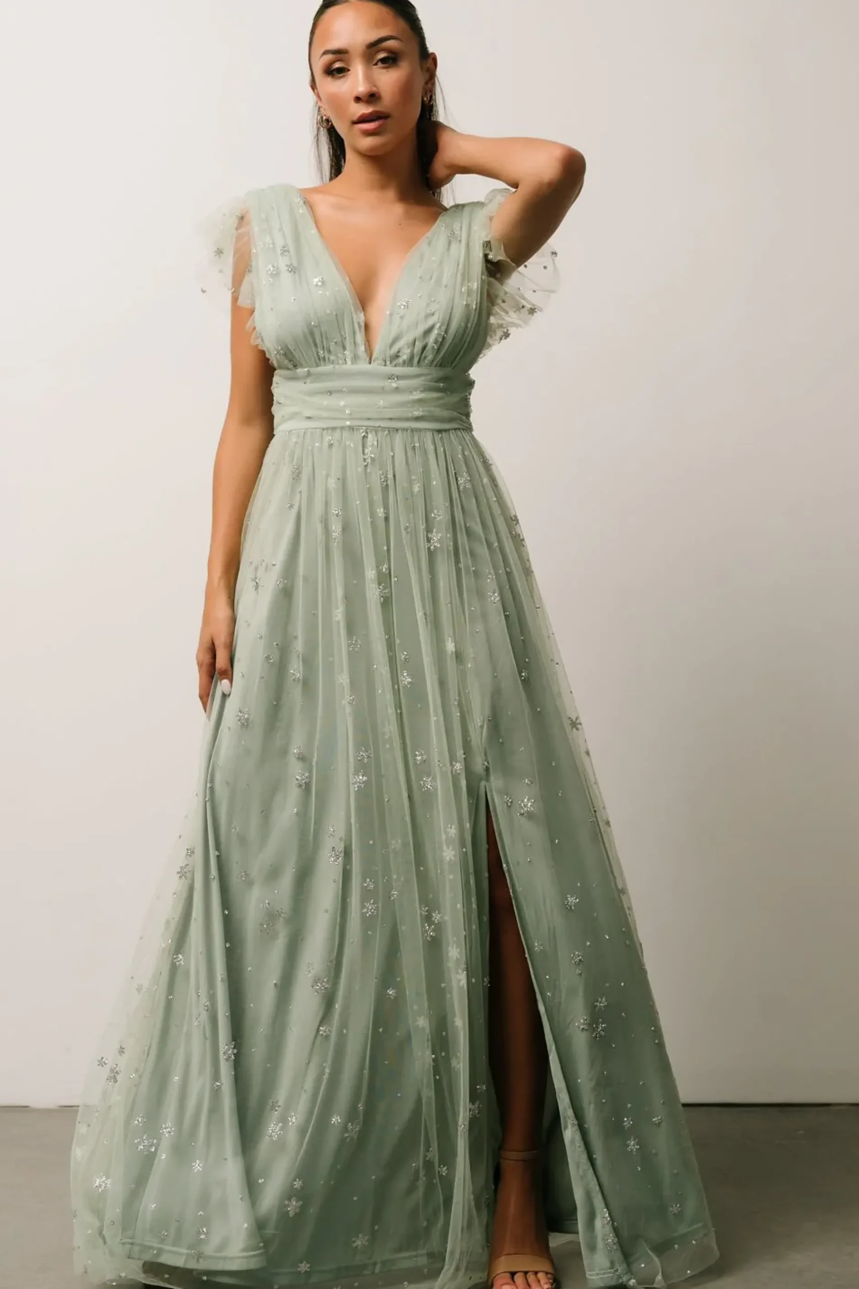 Baltic Born tulle styles|Nova Shimmer Maxi Dress | Sage + Silver
