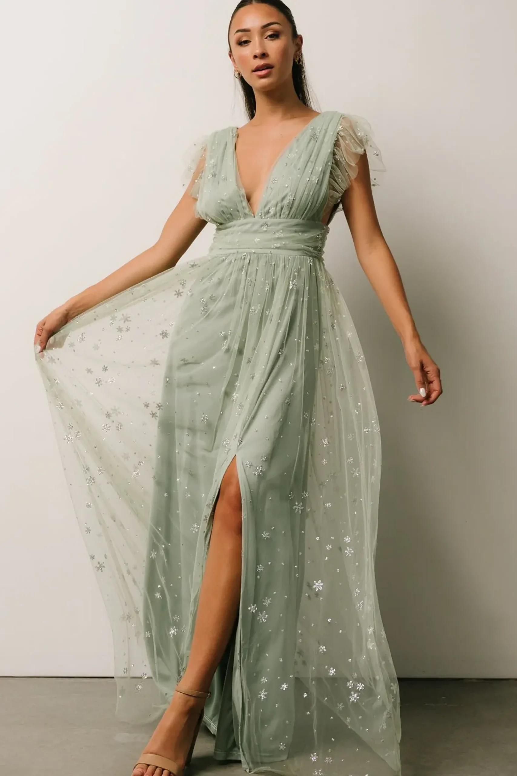 Baltic Born tulle styles|Nova Shimmer Maxi Dress | Sage + Silver
