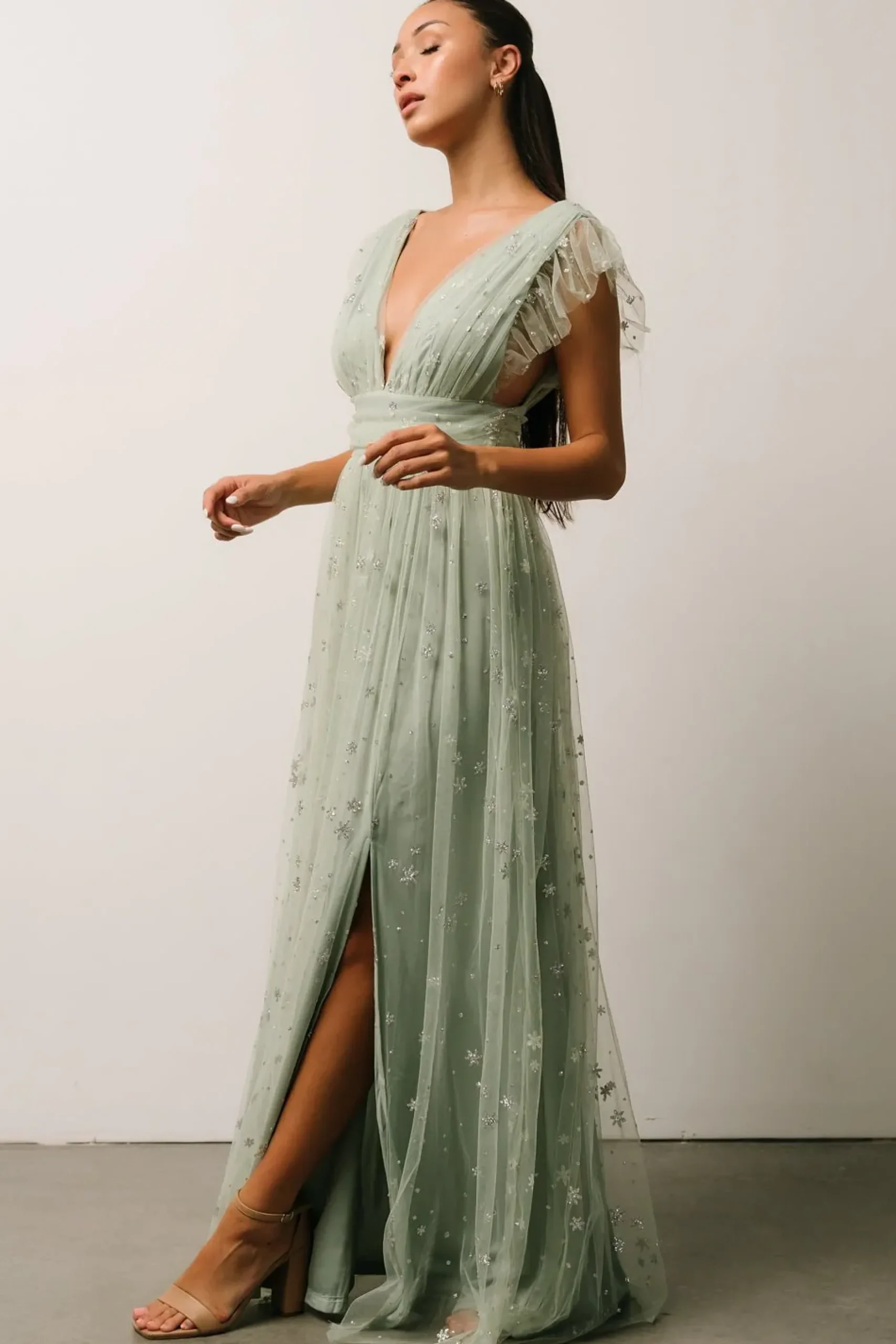 Baltic Born tulle styles|Nova Shimmer Maxi Dress | Sage + Silver