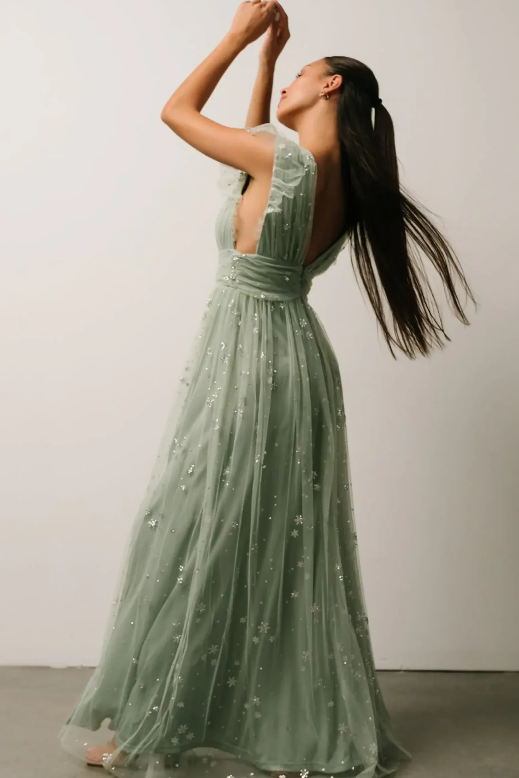 Baltic Born tulle styles|Nova Shimmer Maxi Dress | Sage + Silver
