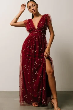 Baltic Born tulle styles|Nova Shimmer Maxi Dress | Wine + Gold