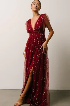 Baltic Born tulle styles|Nova Shimmer Maxi Dress | Wine + Gold