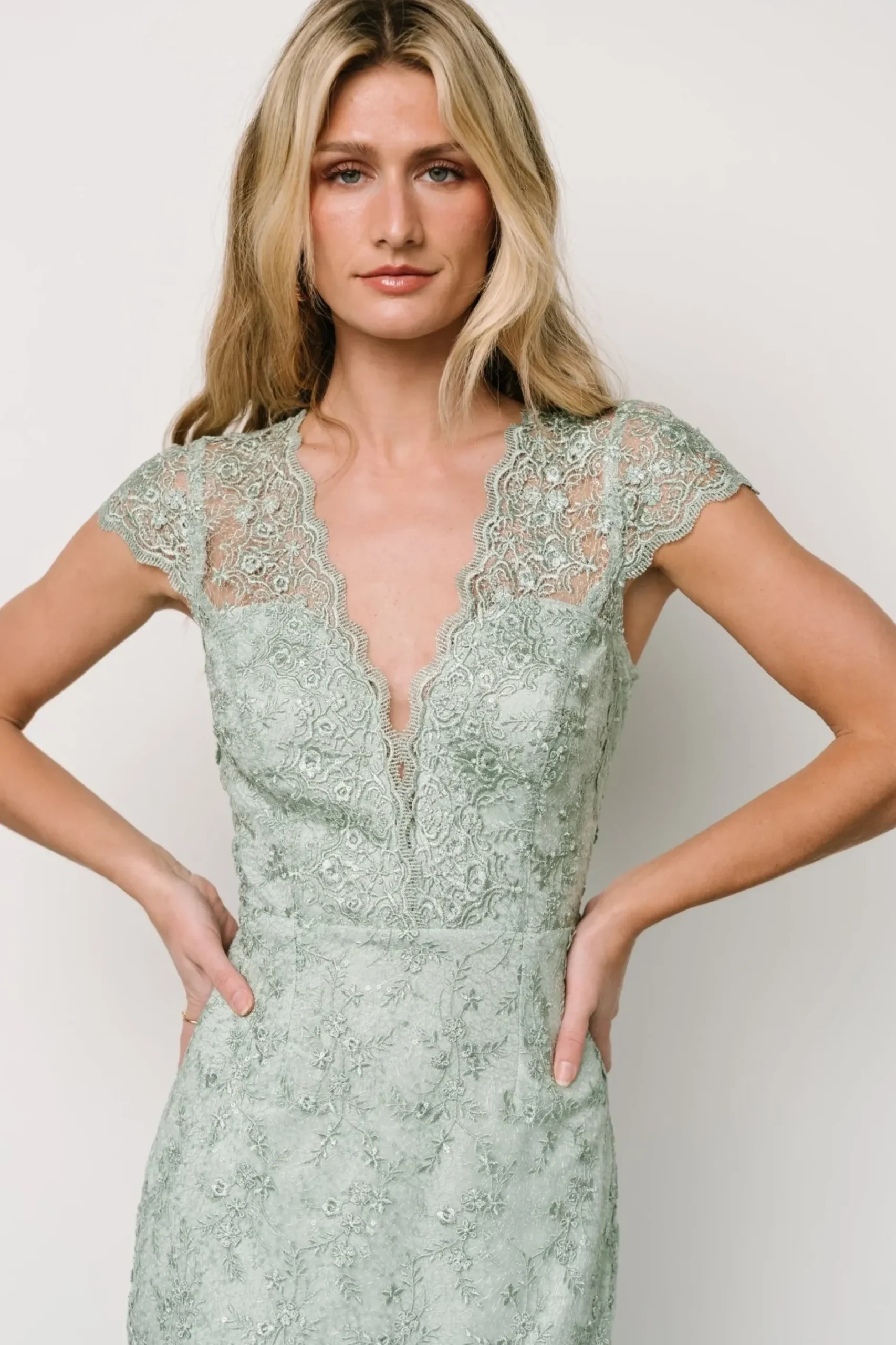 Baltic Born embellished + sequined|Oriana Embossed Shimmer Midi Dress | Sage