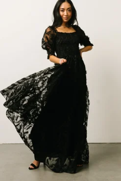 Baltic Born bump friendly|WINTER ESSENTIALS|Paloma Smocked Feather Maxi Dress | Black