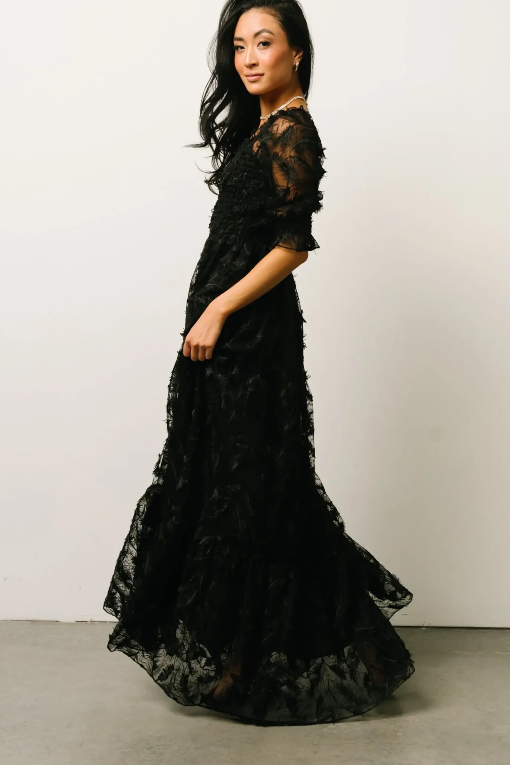 Baltic Born bump friendly|WINTER ESSENTIALS|Paloma Smocked Feather Maxi Dress | Black