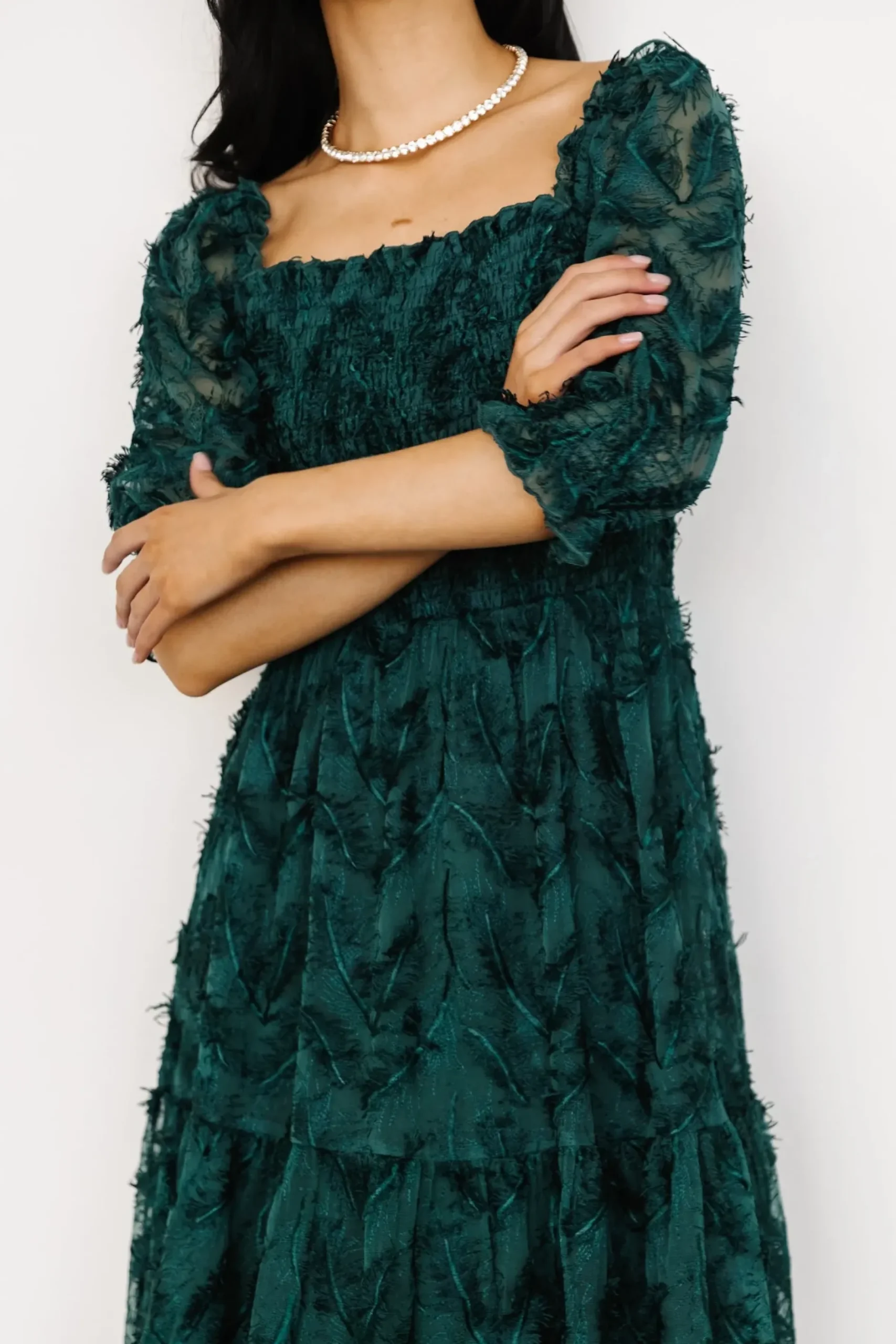 Baltic Born bump friendly|WINTER ESSENTIALS|Paloma Smocked Feather Maxi Dress | Emerald