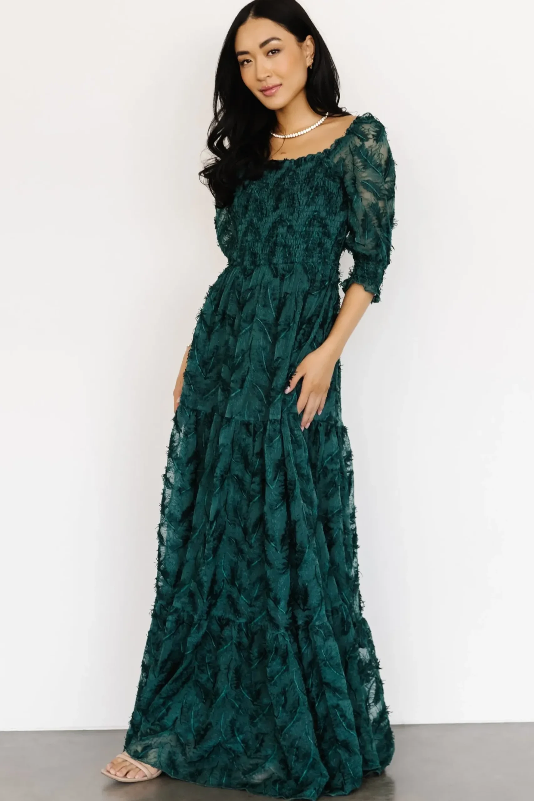 Baltic Born bump friendly|WINTER ESSENTIALS|Paloma Smocked Feather Maxi Dress | Emerald
