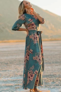 Baltic Born bump friendly|EXTENDED SIZING|Paula Satin Maxi Dress | Blue + Pink Multi