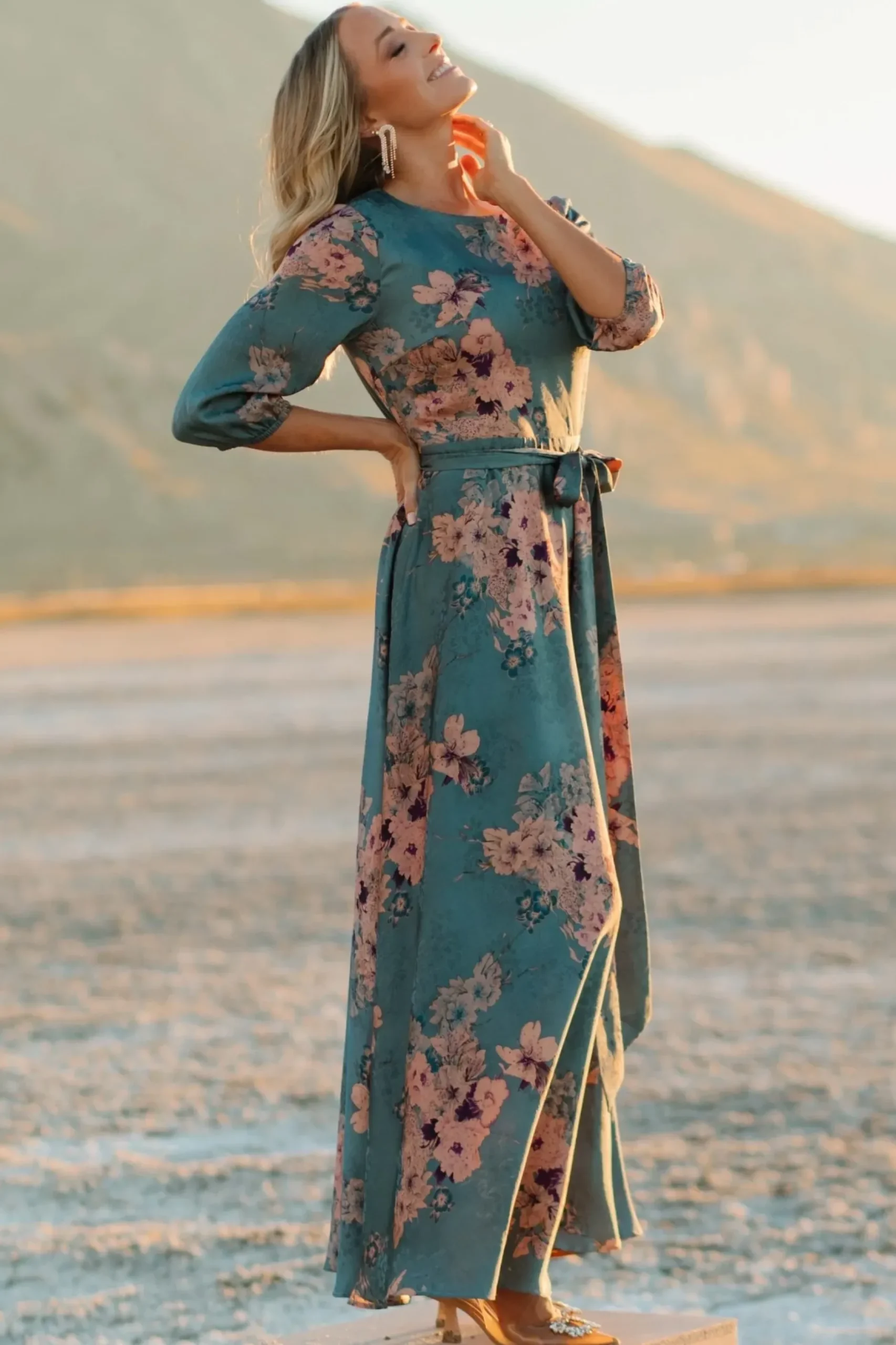Baltic Born bump friendly|EXTENDED SIZING|Paula Satin Maxi Dress | Blue + Pink Multi