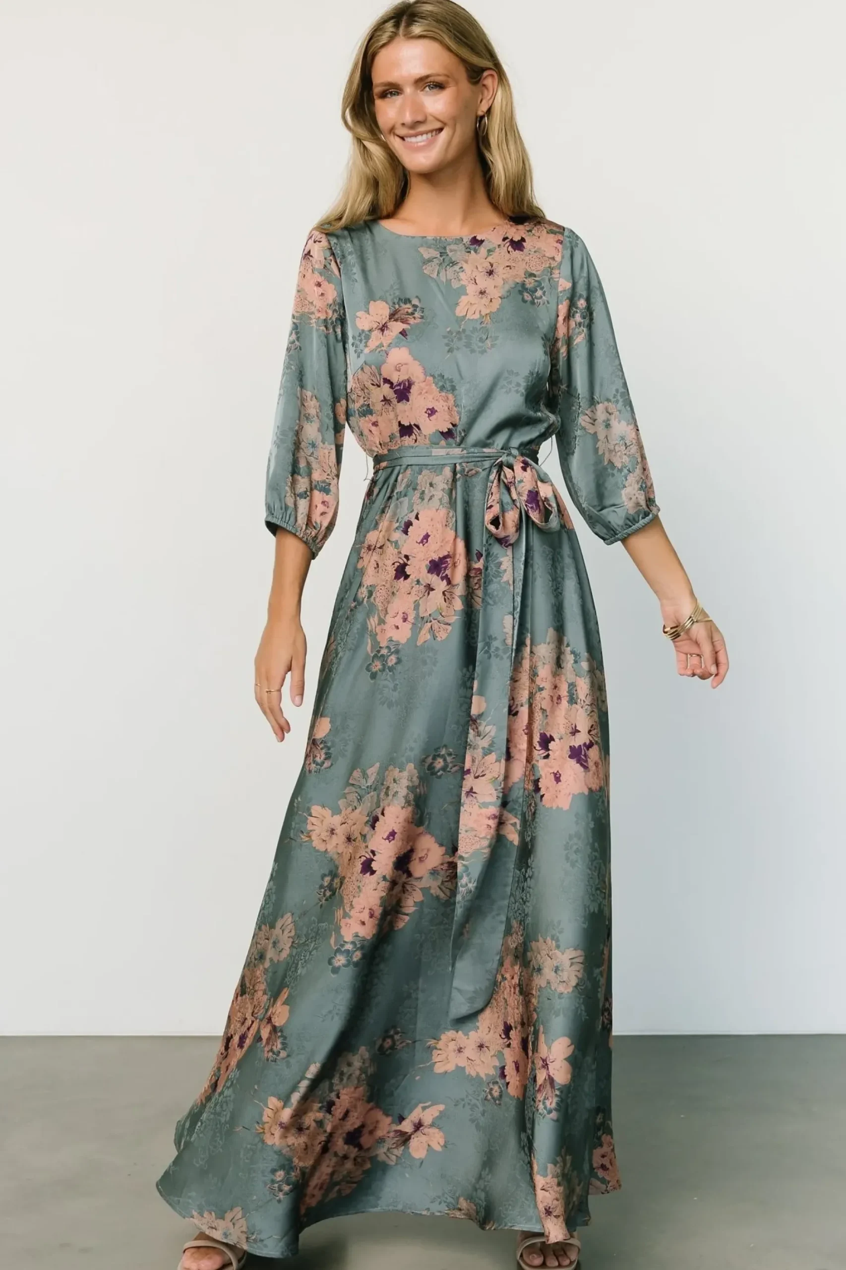 Baltic Born bump friendly|EXTENDED SIZING|Paula Satin Maxi Dress | Blue + Pink Multi