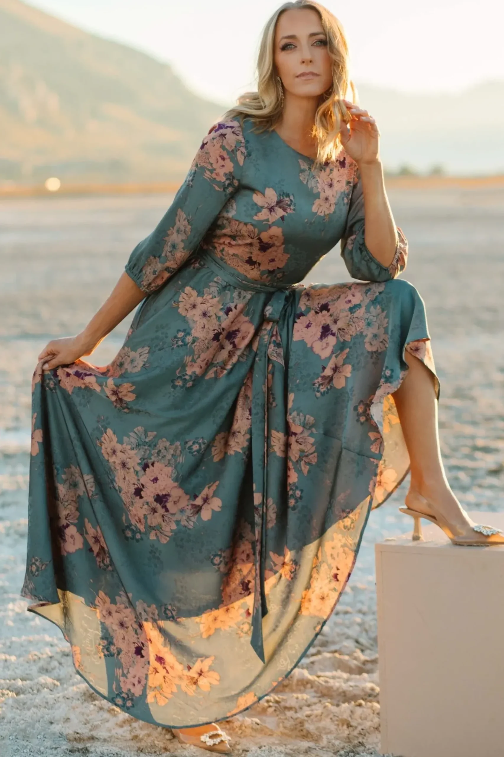 Baltic Born bump friendly|EXTENDED SIZING|Paula Satin Maxi Dress | Blue + Pink Multi