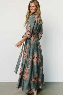 Baltic Born bump friendly|EXTENDED SIZING|Paula Satin Maxi Dress | Blue + Pink Multi