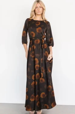 Baltic Born bump friendly|EXTENDED SIZING|Paula Satin Maxi Dress | Deep Brown Floral