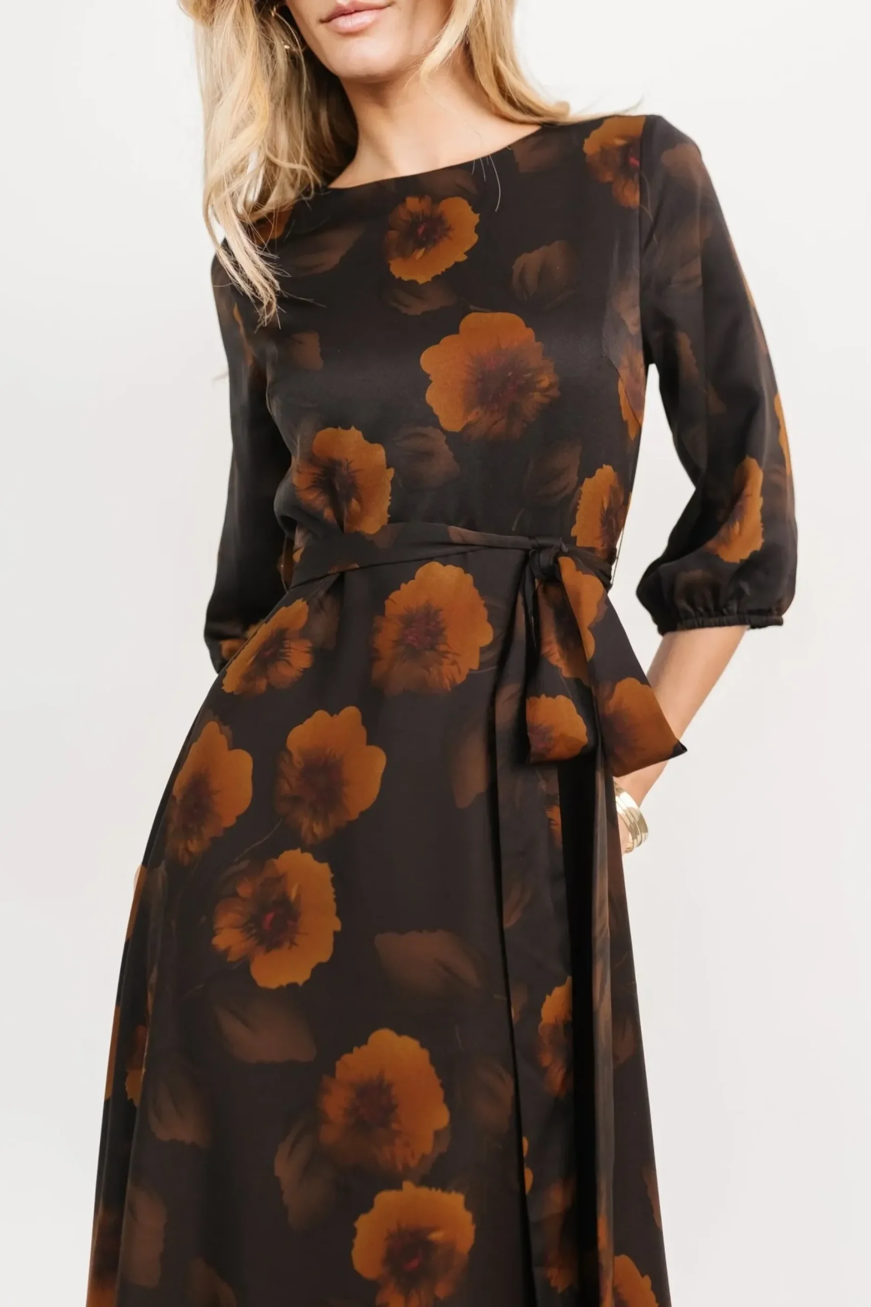 Baltic Born bump friendly|EXTENDED SIZING|Paula Satin Maxi Dress | Deep Brown Floral
