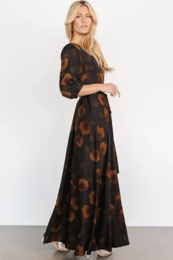 Baltic Born bump friendly|EXTENDED SIZING|Paula Satin Maxi Dress | Deep Brown Floral