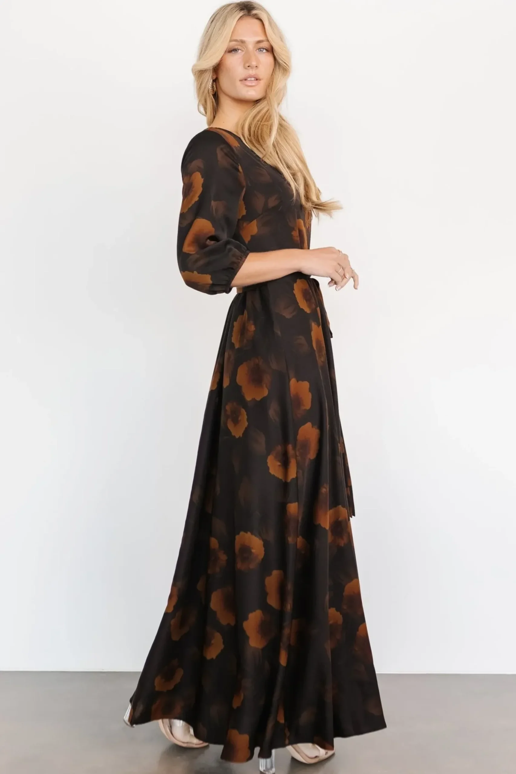 Baltic Born bump friendly|EXTENDED SIZING|Paula Satin Maxi Dress | Deep Brown Floral