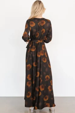Baltic Born bump friendly|EXTENDED SIZING|Paula Satin Maxi Dress | Deep Brown Floral