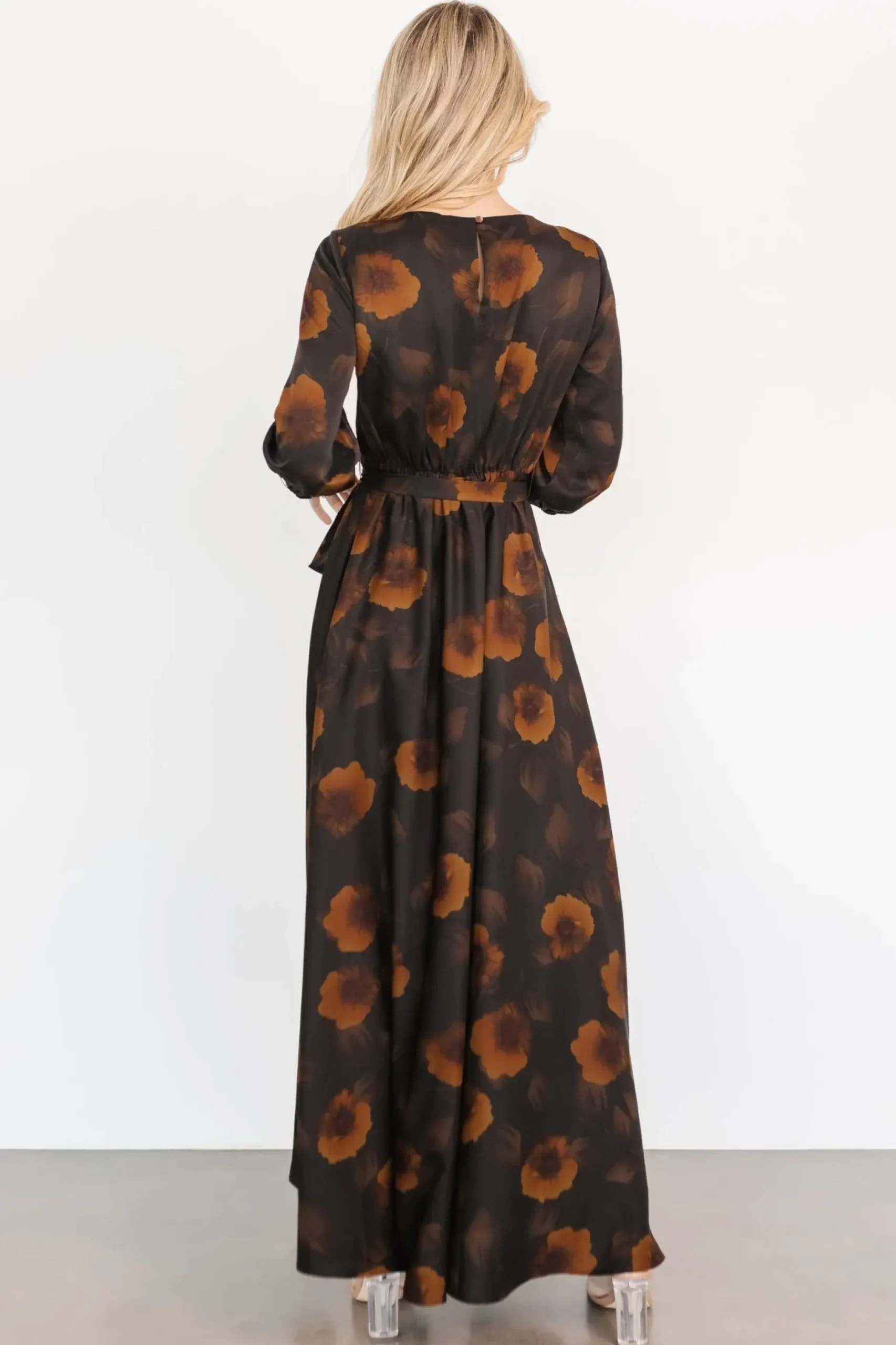 Baltic Born bump friendly|EXTENDED SIZING|Paula Satin Maxi Dress | Deep Brown Floral