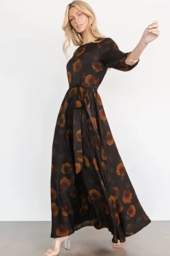 Baltic Born bump friendly|EXTENDED SIZING|Paula Satin Maxi Dress | Deep Brown Floral