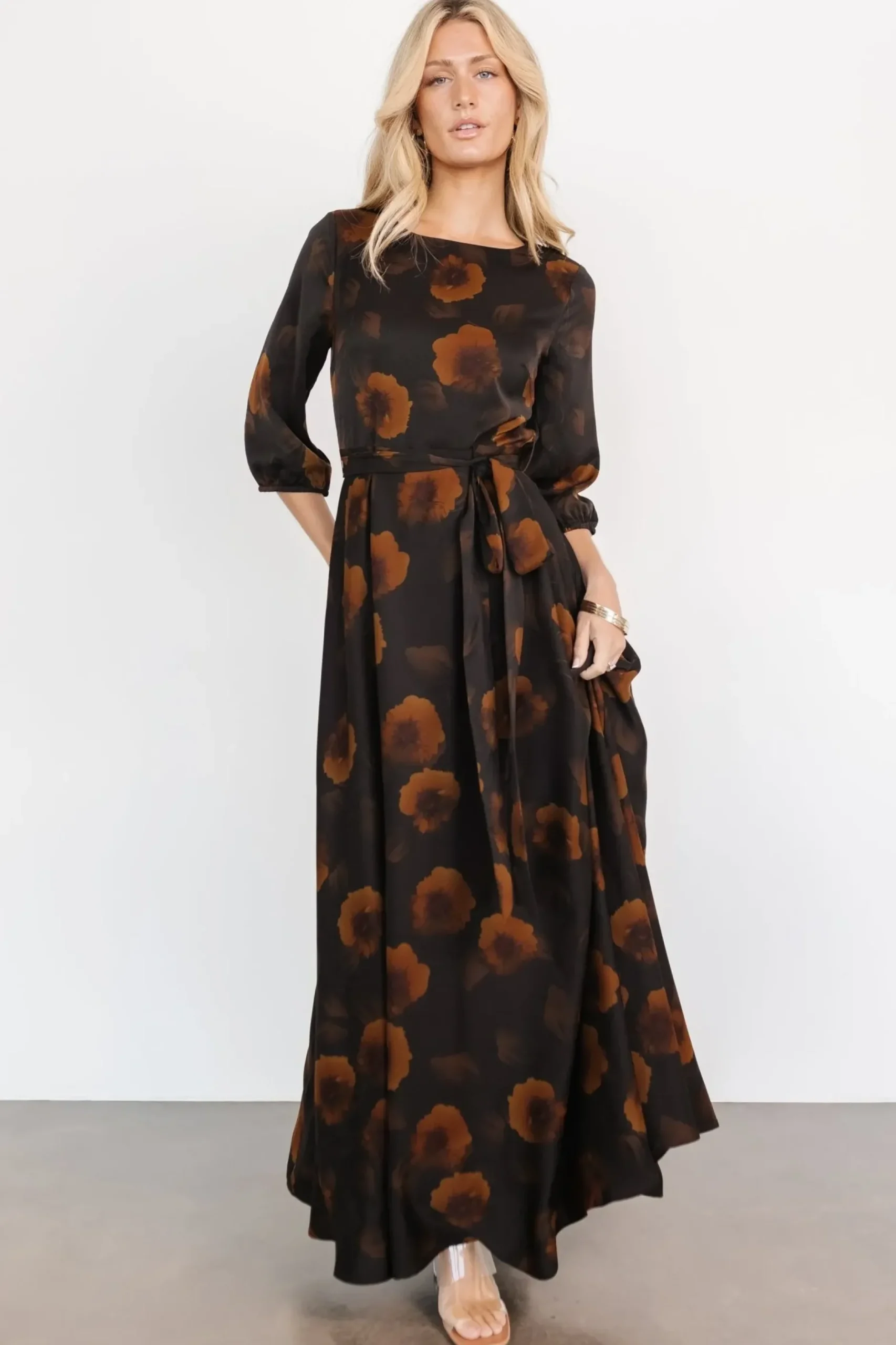 Baltic Born bump friendly|EXTENDED SIZING|Paula Satin Maxi Dress | Deep Brown Floral
