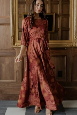 Baltic Born bump friendly|EXTENDED SIZING|Paula Satin Maxi Dress | Terracotta Floral