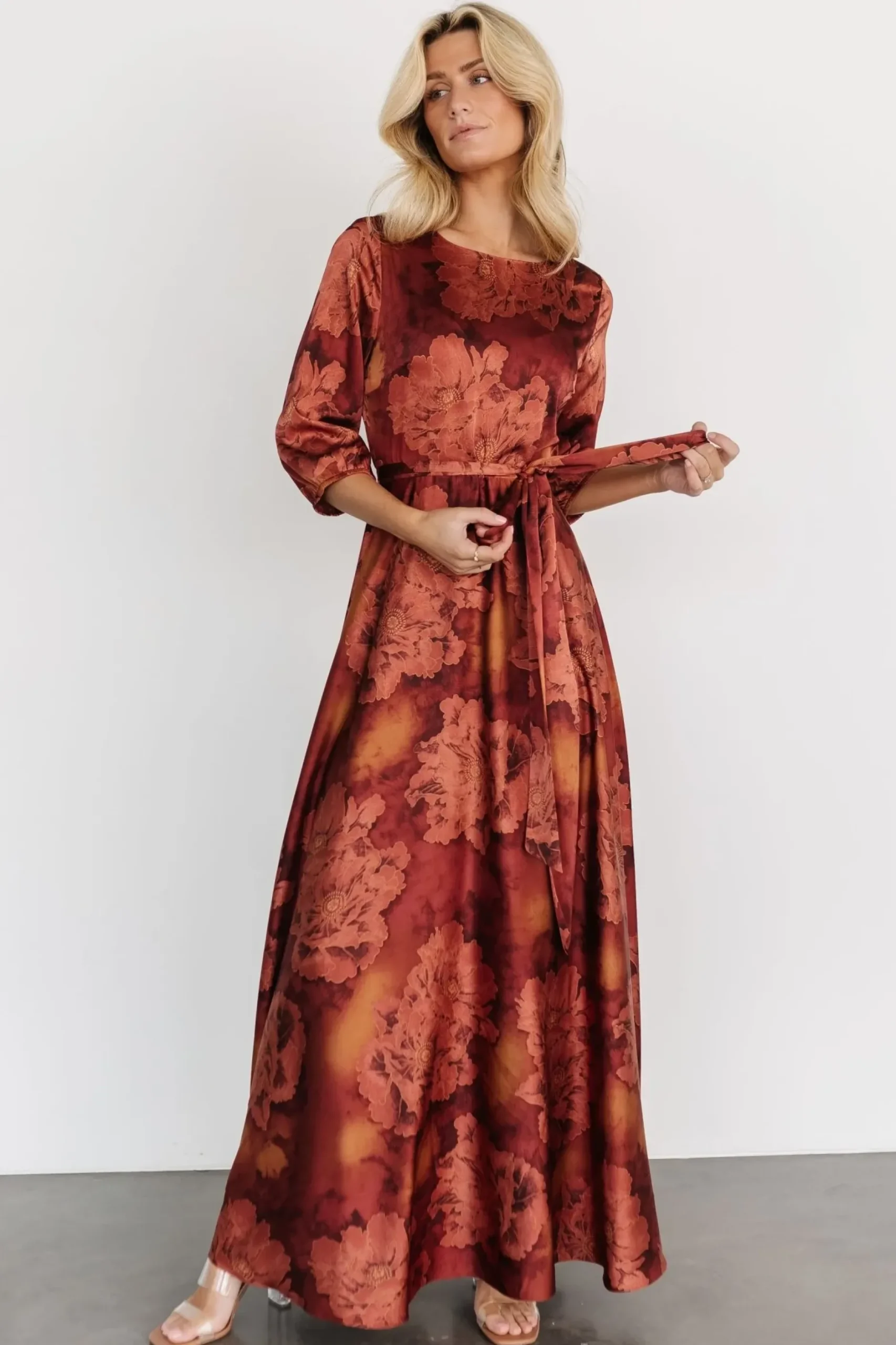 Baltic Born bump friendly|EXTENDED SIZING|Paula Satin Maxi Dress | Terracotta Floral