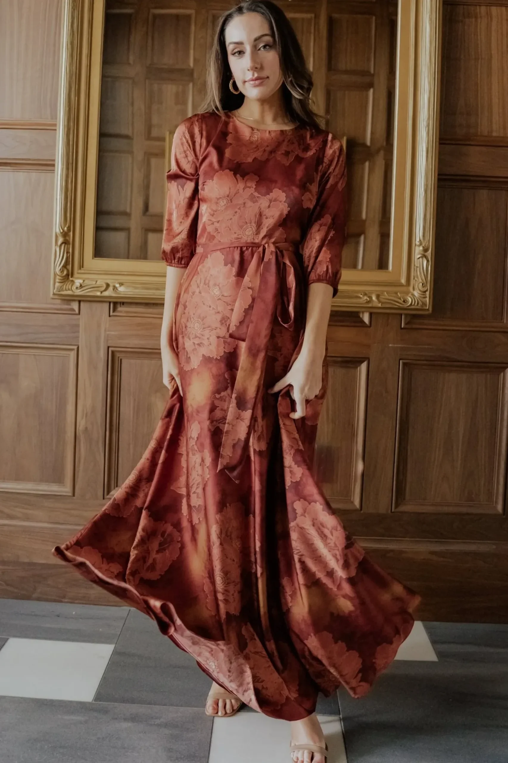 Baltic Born bump friendly|EXTENDED SIZING|Paula Satin Maxi Dress | Terracotta Floral