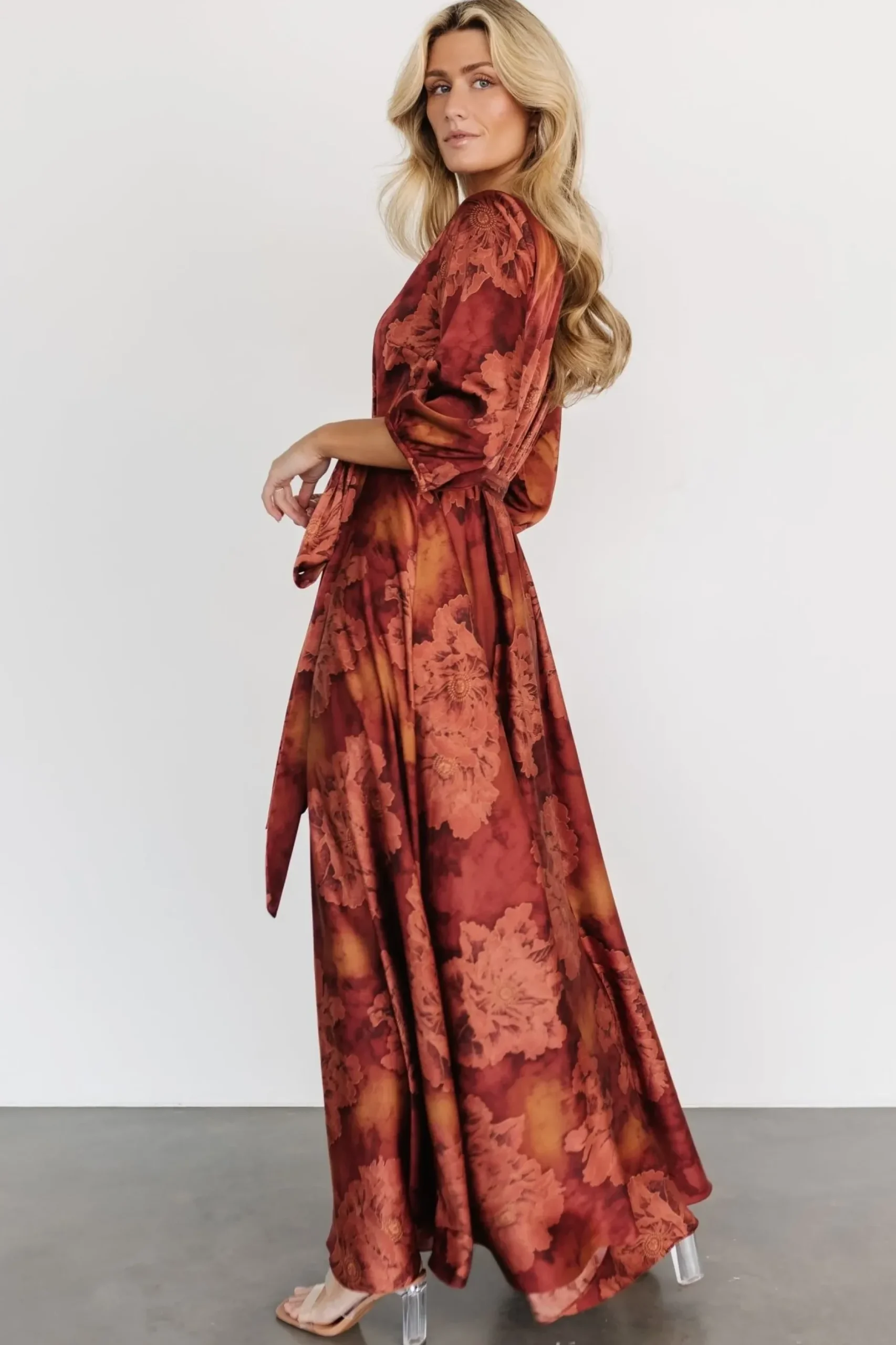 Baltic Born bump friendly|EXTENDED SIZING|Paula Satin Maxi Dress | Terracotta Floral