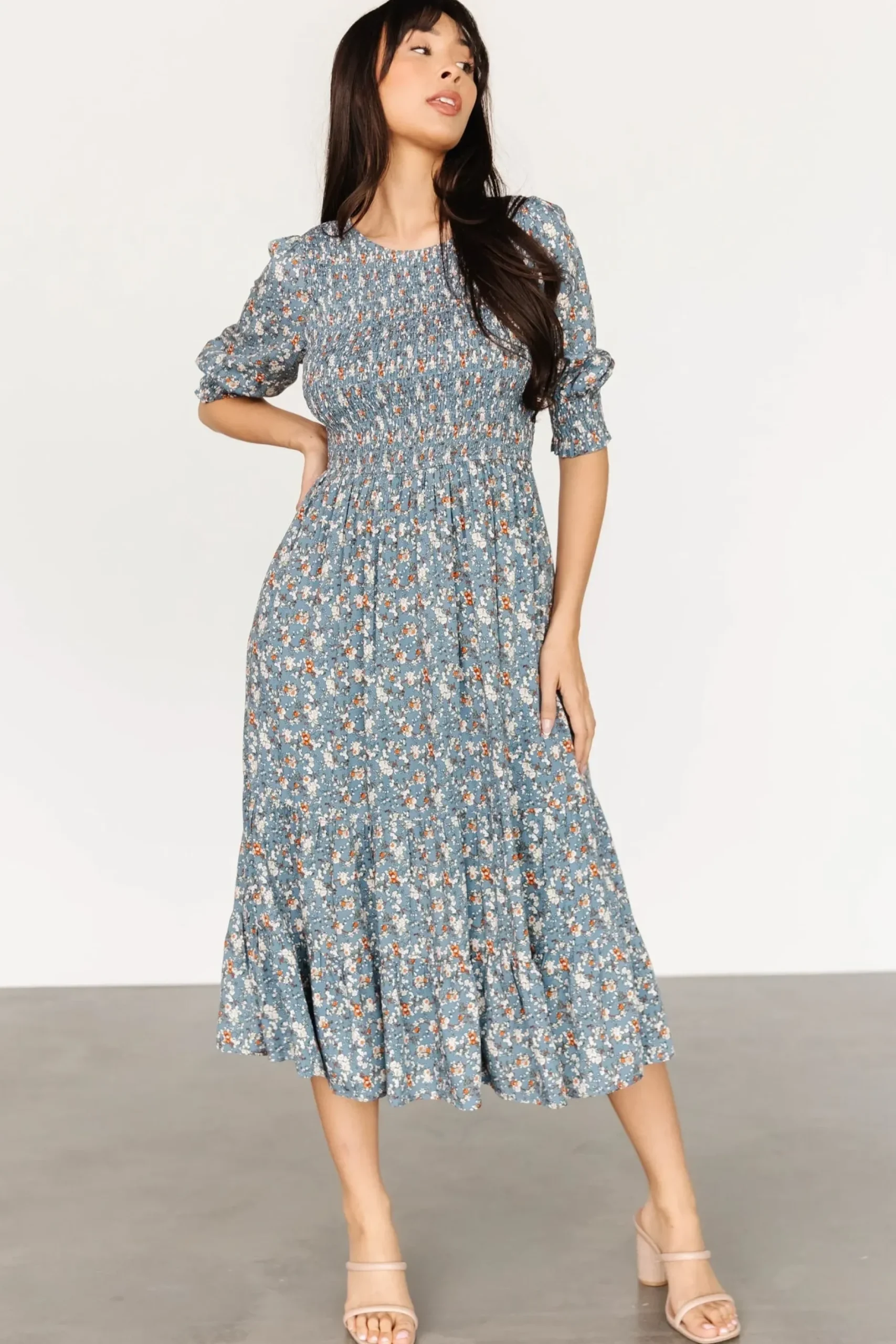 Baltic Born midi dresses|bump friendly|Pele Tiered Midi Dress | Vintage Blue Floral