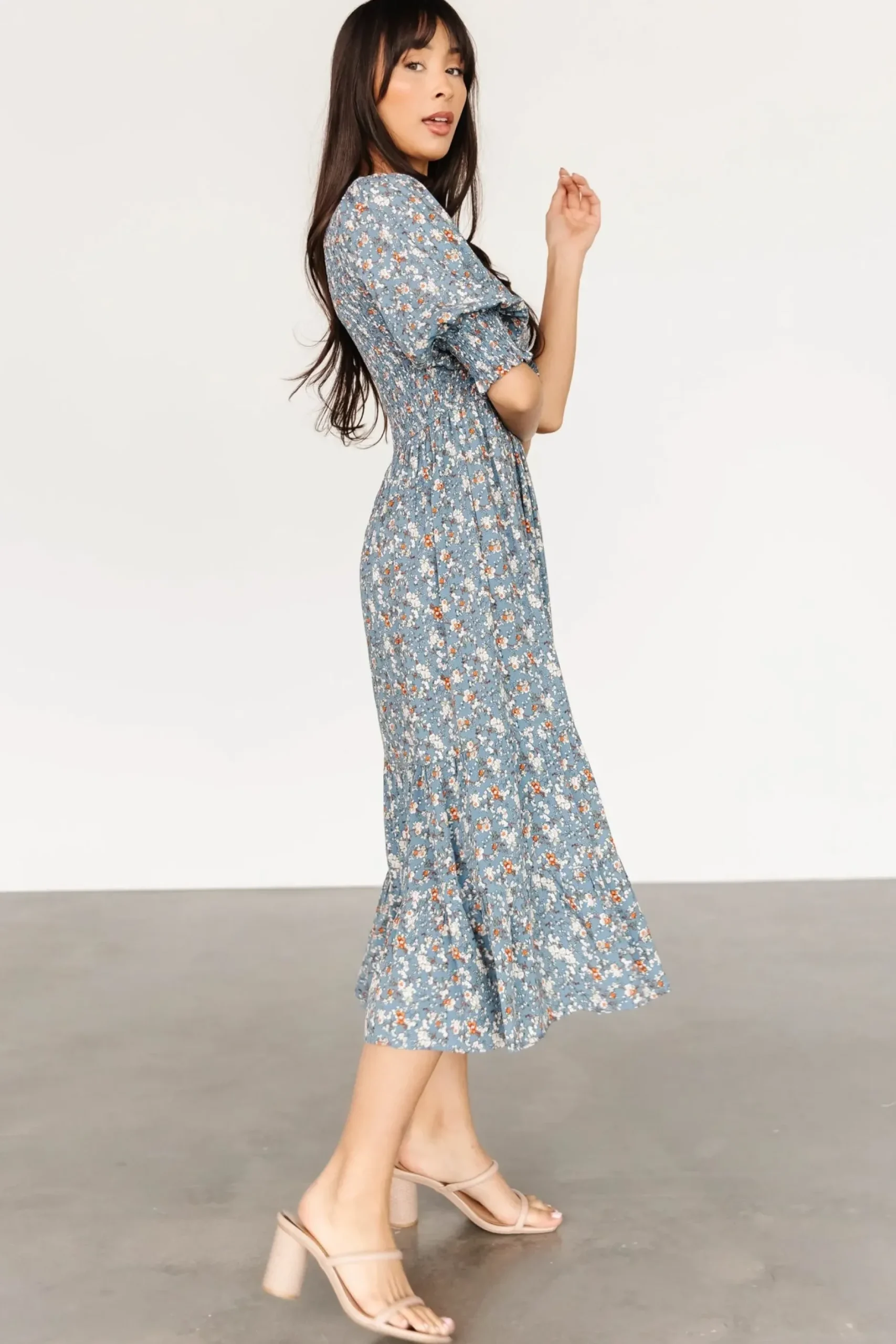 Baltic Born midi dresses|bump friendly|Pele Tiered Midi Dress | Vintage Blue Floral