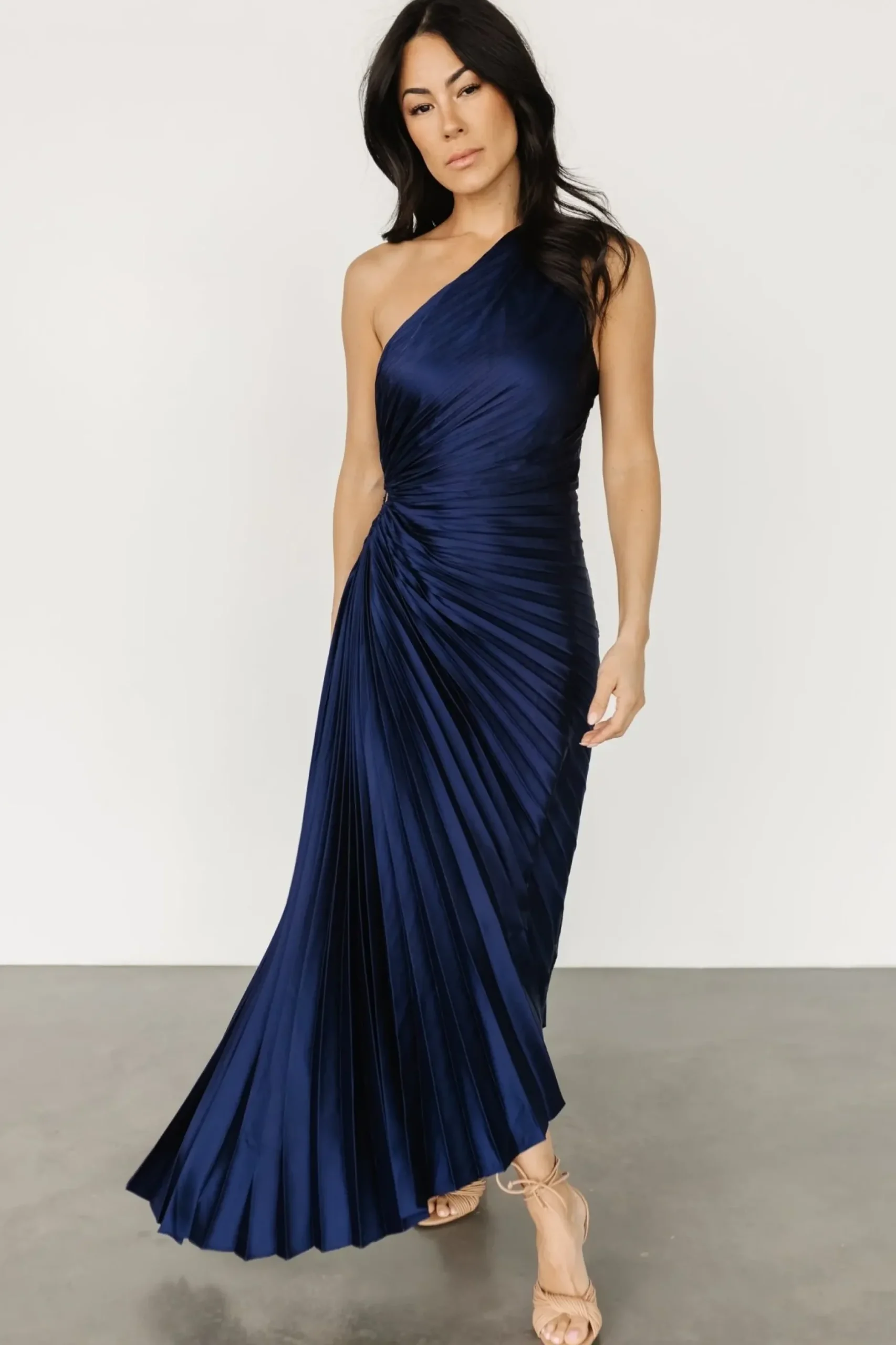 Baltic Born maxi dresses|midi dresses|Presley One Shoulder Pleated Dress | Midnight Blue